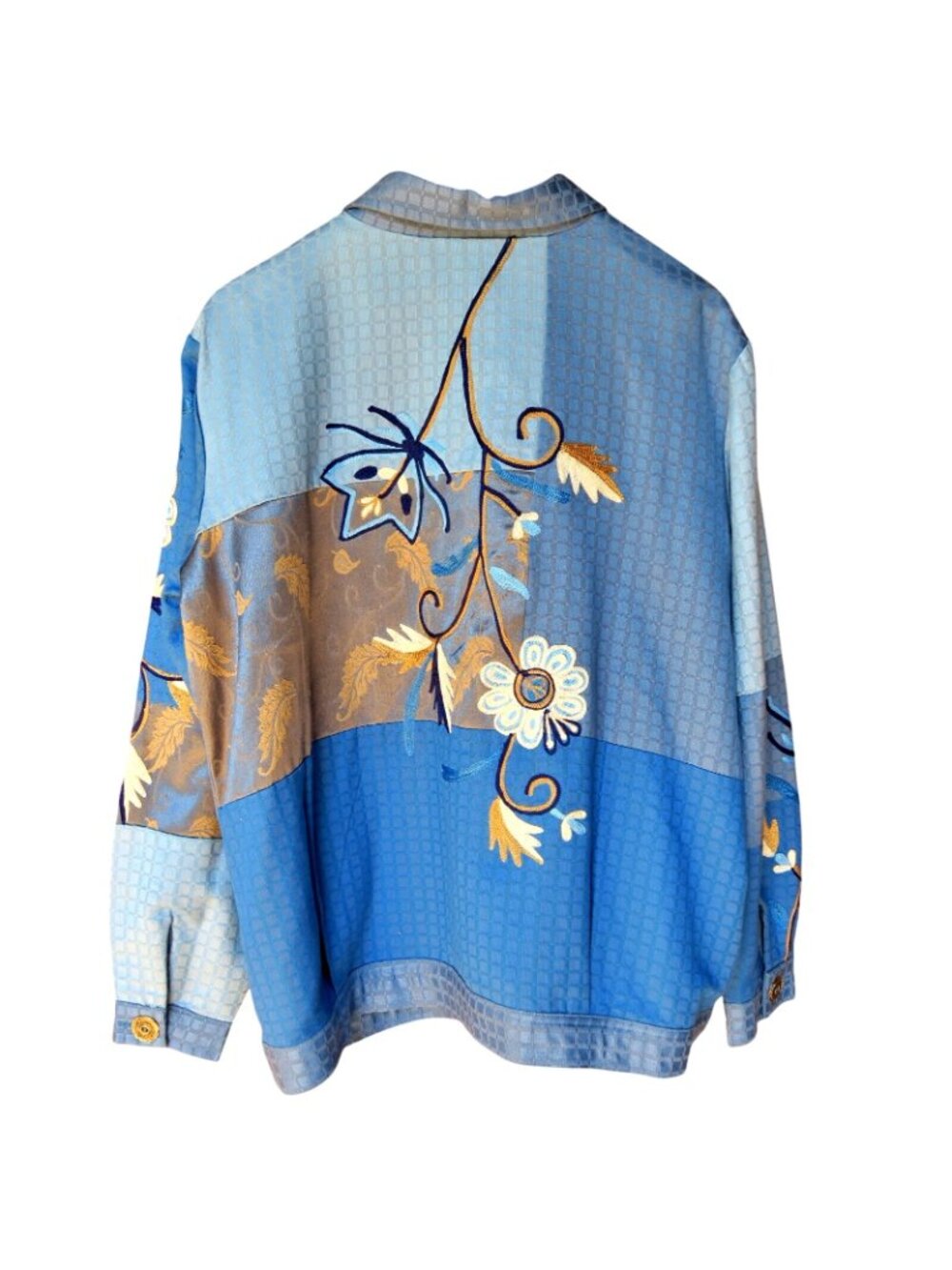 Indigo Moon Blue Patchwork Embroidered Jacket Lined Button Front Women’s Large - Picture 6 of 6